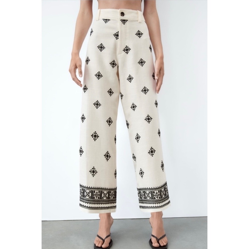 Zara Cream Wide-Leg Trousers with Black Embroidered Pattern